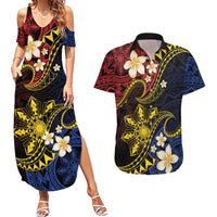 Philippines Spirit Tribal Sun Plumeria Couples Matching Summer Maxi Dress and Hawaiian Shirt Red And Blue Polynesian Pattern