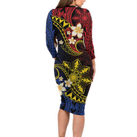Philippines Spirit Tribal Sun Plumeria Long Sleeve Bodycon Dress Red And Blue Polynesian Pattern
