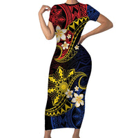 Philippines Spirit Tribal Sun Plumeria Short Sleeve Bodycon Dress Red And Blue Polynesian Pattern
