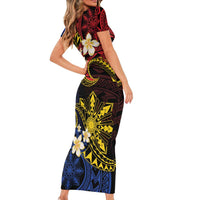 Philippines Spirit Tribal Sun Plumeria Short Sleeve Bodycon Dress Red And Blue Polynesian Pattern