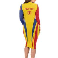 Custom Romania 2024 Football Long Sleeve Bodycon Dress Come On Tricolorii - Wonder Print Shop