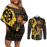 Enkutatash Eritrea New Year Couples Matching Off Shoulder Short Dress and Long Sleeve Button Shirt Eritrean Camel African Pattern - Wonder Print Shop