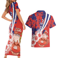 Costa Rica Couples Matching Short Sleeve Bodycon Dress and Hawaiian Shirt Coat of Arms Hibiscus Pattern - Wonder Print Shop