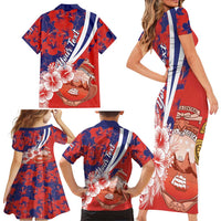 Costa Rica Family Matching Short Sleeve Bodycon Dress and Hawaiian Shirt Coat of Arms Hibiscus Pattern - Wonder Print Shop