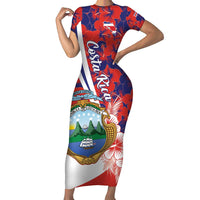 Costa Rica Family Matching Short Sleeve Bodycon Dress and Hawaiian Shirt Coat of Arms Hibiscus Pattern - Wonder Print Shop