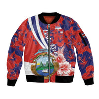 Costa Rica Sleeve Zip Bomber Jacket Coat of Arms Hibiscus Pattern - Wonder Print Shop