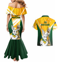 Australia Soccer Couples Matching Mermaid Dress and Hawaiian Shirt Matildas Kangaroo With World Cup Trophy 2023 Yellow Version - Wonder Print Shop