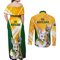 Australia Soccer Couples Matching Off Shoulder Maxi Dress and Long Sleeve Button Shirts Matildas Kangaroo With World Cup Trophy 2023 Yellow Version - Wonder Print Shop