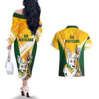 Australia Soccer Couples Matching Off The Shoulder Long Sleeve Dress and Hawaiian Shirt Matildas Kangaroo With World Cup Trophy 2023 Yellow Version - Wonder Print Shop