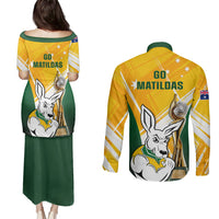 Australia Soccer Couples Matching Puletasi Dress and Long Sleeve Button Shirts Matildas Kangaroo With World Cup Trophy 2023 Yellow Version - Wonder Print Shop