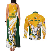Australia Soccer Couples Matching Tank Maxi Dress and Long Sleeve Button Shirts Matildas Kangaroo With World Cup Trophy 2023 Yellow Version - Wonder Print Shop