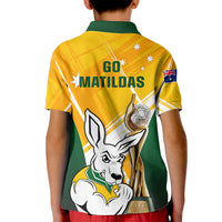 Australia Soccer Kid Polo Shirt Matildas Kangaroo With World Cup Trophy 2023 Yellow Version - Wonder Print Shop