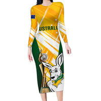 Australia Soccer Long Sleeve Bodycon Dress Matildas Kangaroo With World Cup Trophy 2023 Yellow Version - Wonder Print Shop