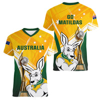 Australia Soccer Women V Neck T Shirt Matildas Kangaroo With World Cup Trophy 2023 Yellow Version - Wonder Print Shop