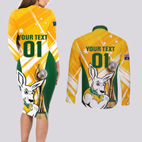 Custom Australia Soccer Couples Matching Long Sleeve Bodycon Dress and Long Sleeve Button Shirts Matildas Kangaroo With World Cup Trophy 2023 Yellow Version - Wonder Print Shop