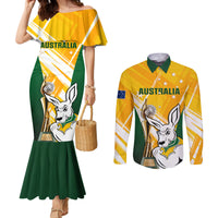 custom-australia-soccer-couples-matching-mermaid-dress-and-long-sleeve-button-shirts-matildas-kangaroo-with-world-cup-trophy-2023-yellow-version
