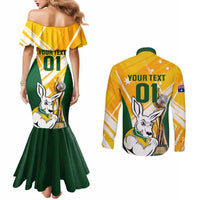 custom-australia-soccer-couples-matching-mermaid-dress-and-long-sleeve-button-shirts-matildas-kangaroo-with-world-cup-trophy-2023-yellow-version