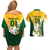 Custom Australia Soccer Couples Matching Off Shoulder Short Dress and Hawaiian Shirt Matildas Kangaroo With World Cup Trophy 2023 Yellow Version - Wonder Print Shop