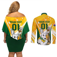 Custom Australia Soccer Couples Matching Off Shoulder Short Dress and Long Sleeve Button Shirts Matildas Kangaroo With World Cup Trophy 2023 Yellow Version - Wonder Print Shop