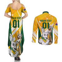 Custom Australia Soccer Couples Matching Summer Maxi Dress and Long Sleeve Button Shirts Matildas Kangaroo With World Cup Trophy 2023 Yellow Version - Wonder Print Shop