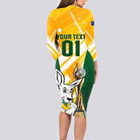 Custom Australia Soccer Long Sleeve Bodycon Dress Matildas Kangaroo With World Cup Trophy 2023 Yellow Version - Wonder Print Shop