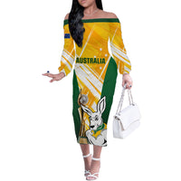 Custom Australia Soccer Off The Shoulder Long Sleeve Dress Matildas Kangaroo With World Cup Trophy 2023 Yellow Version - Wonder Print Shop