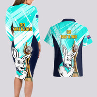 Australia Soccer Couples Matching Long Sleeve Bodycon Dress and Hawaiian Shirt Matildas Kangaroo With World Cup Trophy 2023 Turquoise Version - Wonder Print Shop