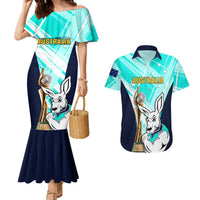 Australia Soccer Couples Matching Mermaid Dress and Hawaiian Shirt Matildas Kangaroo With World Cup Trophy 2023 Turquoise Version - Wonder Print Shop