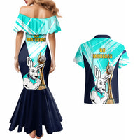 Australia Soccer Couples Matching Mermaid Dress and Hawaiian Shirt Matildas Kangaroo With World Cup Trophy 2023 Turquoise Version - Wonder Print Shop