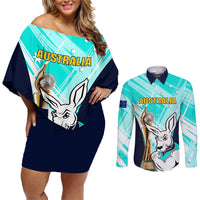 Australia Soccer Couples Matching Off Shoulder Short Dress and Long Sleeve Button Shirts Matildas Kangaroo With World Cup Trophy 2023 Turquoise Version - Wonder Print Shop