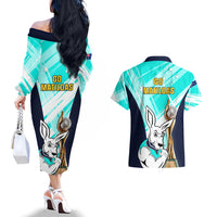 Australia Soccer Couples Matching Off The Shoulder Long Sleeve Dress and Hawaiian Shirt Matildas Kangaroo With World Cup Trophy 2023 Turquoise Version - Wonder Print Shop
