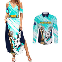 Australia Soccer Couples Matching Summer Maxi Dress and Long Sleeve Button Shirts Matildas Kangaroo With World Cup Trophy 2023 Turquoise Version - Wonder Print Shop