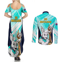 Australia Soccer Couples Matching Summer Maxi Dress and Long Sleeve Button Shirts Matildas Kangaroo With World Cup Trophy 2023 Turquoise Version - Wonder Print Shop