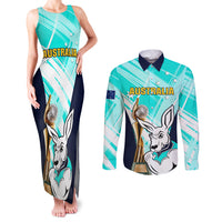 Australia Soccer Couples Matching Tank Maxi Dress and Long Sleeve Button Shirts Matildas Kangaroo With World Cup Trophy 2023 Turquoise Version - Wonder Print Shop