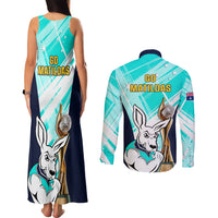 Australia Soccer Couples Matching Tank Maxi Dress and Long Sleeve Button Shirts Matildas Kangaroo With World Cup Trophy 2023 Turquoise Version - Wonder Print Shop