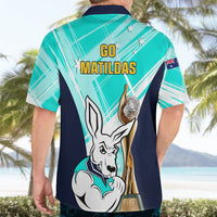 Australia Soccer Hawaiian Shirt Matildas Kangaroo With World Cup Trophy 2023 Turquoise Version - Wonder Print Shop