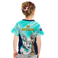 Australia Soccer Kid T Shirt Matildas Kangaroo With World Cup Trophy 2023 Turquoise Version - Wonder Print Shop