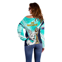 Australia Soccer Off Shoulder Sweater Matildas Kangaroo With World Cup Trophy 2023 Turquoise Version - Wonder Print Shop
