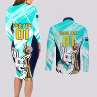 Custom Australia Soccer Couples Matching Long Sleeve Bodycon Dress and Long Sleeve Button Shirts Matildas Kangaroo With World Cup Trophy 2023 Turquoise Version - Wonder Print Shop