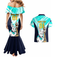 Custom Australia Soccer Couples Matching Mermaid Dress and Hawaiian Shirt Matildas Kangaroo With World Cup Trophy 2023 Turquoise Version - Wonder Print Shop