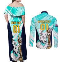 Custom Australia Soccer Couples Matching Off Shoulder Maxi Dress and Long Sleeve Button Shirts Matildas Kangaroo With World Cup Trophy 2023 Turquoise Version - Wonder Print Shop