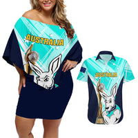 Custom Australia Soccer Couples Matching Off Shoulder Short Dress and Hawaiian Shirt Matildas Kangaroo With World Cup Trophy 2023 Turquoise Version - Wonder Print Shop