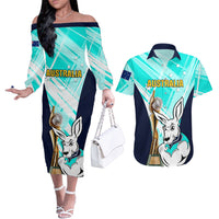 Custom Australia Soccer Couples Matching Off The Shoulder Long Sleeve Dress and Hawaiian Shirt Matildas Kangaroo With World Cup Trophy 2023 Turquoise Version - Wonder Print Shop