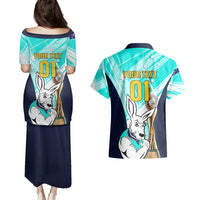 Custom Australia Soccer Couples Matching Puletasi Dress and Hawaiian Shirt Matildas Kangaroo With World Cup Trophy 2023 Turquoise Version - Wonder Print Shop
