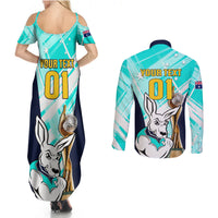 Custom Australia Soccer Couples Matching Summer Maxi Dress and Long Sleeve Button Shirts Matildas Kangaroo With World Cup Trophy 2023 Turquoise Version - Wonder Print Shop