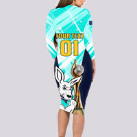 Custom Australia Soccer Long Sleeve Bodycon Dress Matildas Kangaroo With World Cup Trophy 2023 Turquoise Version - Wonder Print Shop