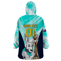 Custom Australia Soccer Wearable Blanket Hoodie Matildas Kangaroo With World Cup Trophy 2023 Turquoise Version - Wonder Print Shop