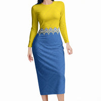Ukraine Trident Symbol Long Sleeve Bodycon Dress Ukrainian Flag Inspired
