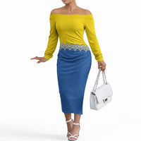 Ukraine Trident Symbol Off The Shoulder Long Sleeve Dress Ukrainian Flag Inspired