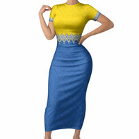 Ukraine Trident Symbol Short Sleeve Bodycon Dress Ukrainian Flag Inspired